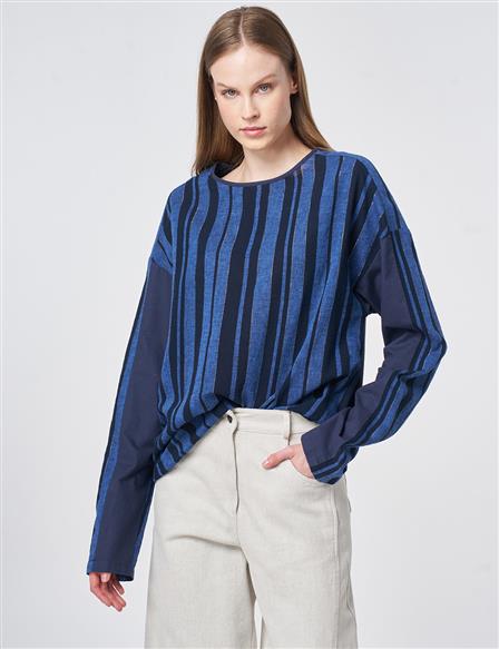 Crew Neck Cotton Linen Blouse, Dark Navy