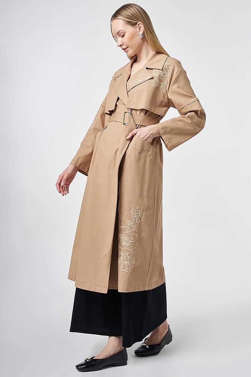 Embroidered Trench Coat – Beige