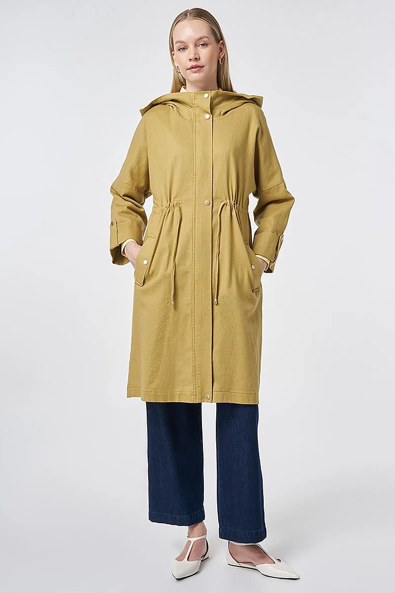 Waist Gathered Coat – Oil Green
