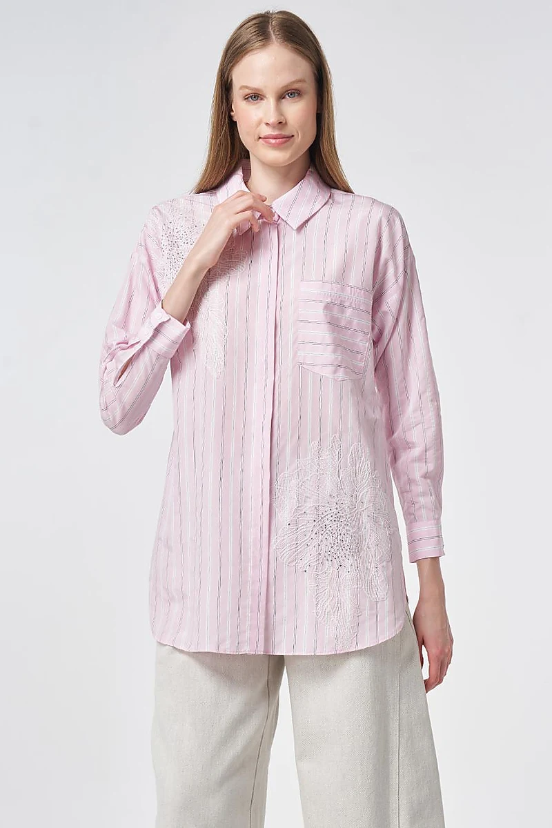 Striped Embroidered Appliqué Viscose Tunic – Powder Pink