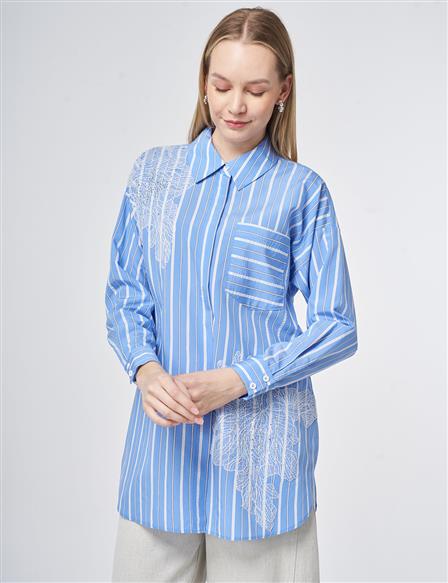 Striped Embroidered Appliqué Viscose Tunic – Air Force Blue