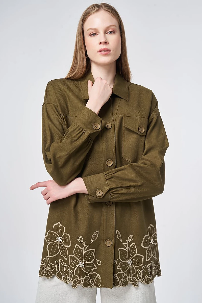 Embroidered Non-Denim Jacket Dark Khaki