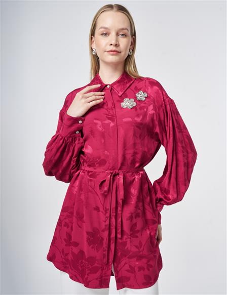 Tie Belt Detailed Wide Cuff Viscose Tunic – Cherry