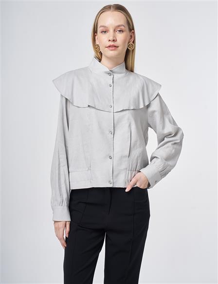 Volan Yakalı Kısa Ceket Açık Gri 