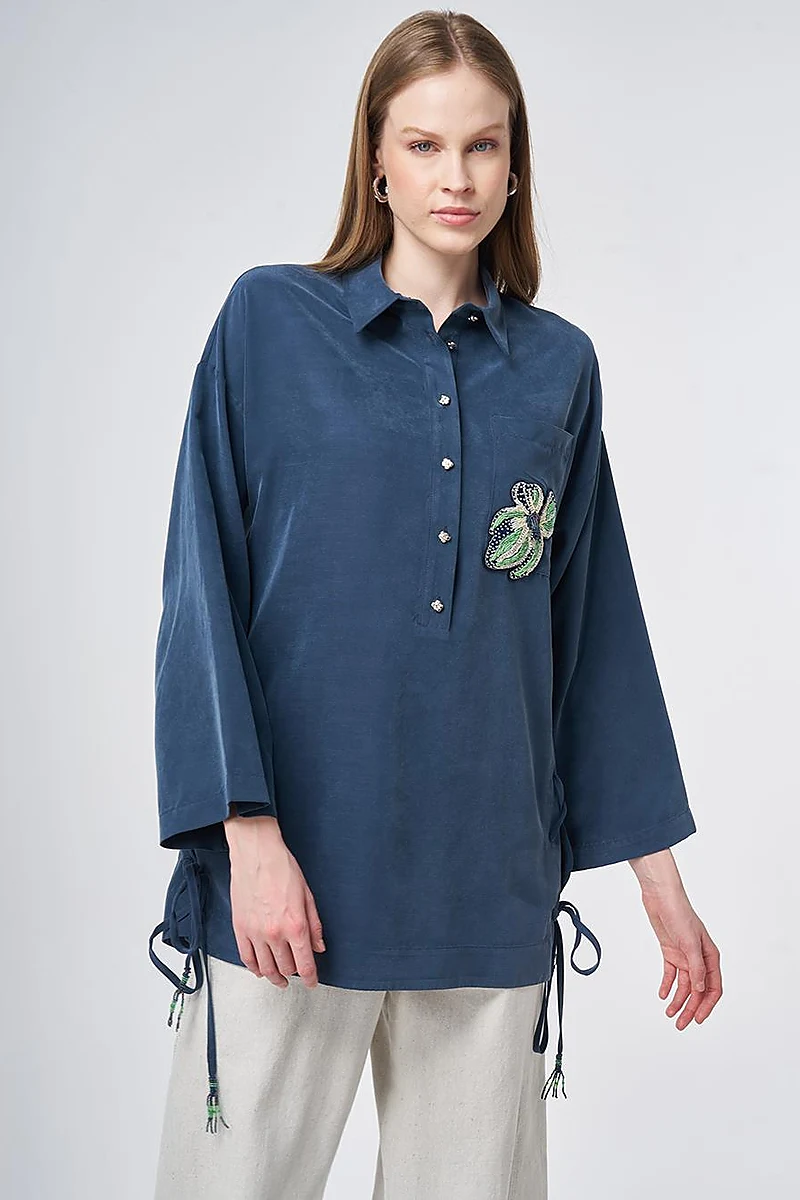 Beaded Embroidered Modal Tunic – Dark Navy
