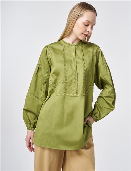 100% Cotton Striped Eyelet Tunic Matcha Green