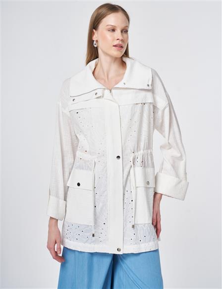 Pocket Detailed Broderie Trim Coat – Off White