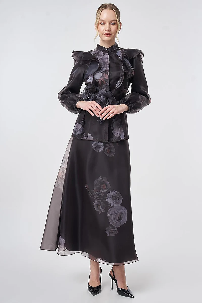 Ruffled Organza Two-Piece Set – Dark Brown