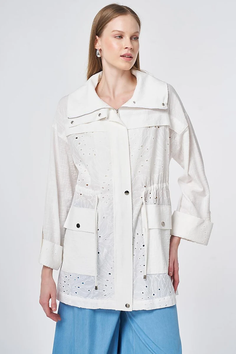 Pocket Detailed Broderie Trim Coat – Off White