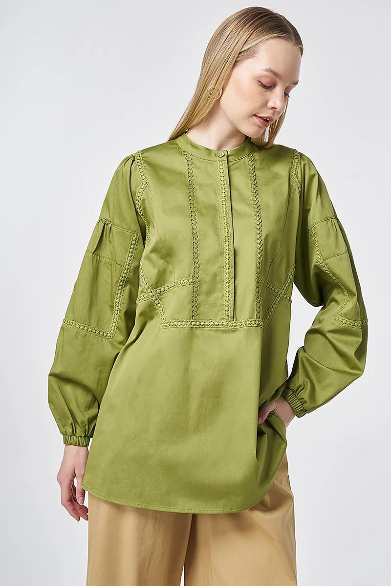 %100 Pamuklu Şerit Fistolu Tunik Matcha Yeşili 