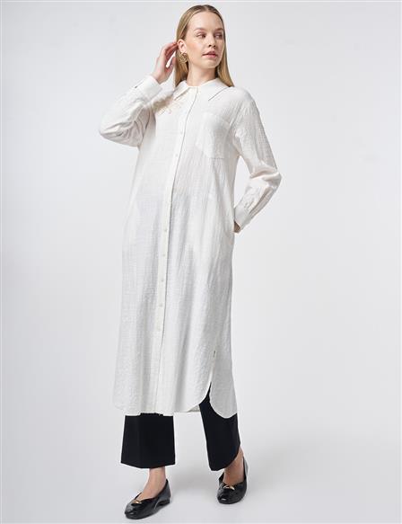 Embroidered Appliqué Textured Long Tunic in Off-White