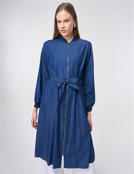 Rahat Kesim Yıkamalı Tunik İndigo