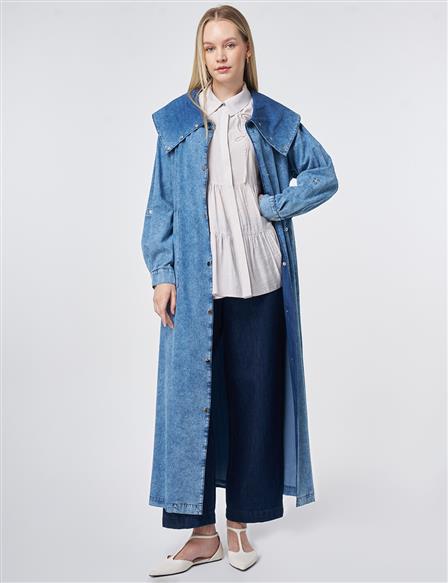 Geniş Yaka Yıkamalı Giy Çık Mavi