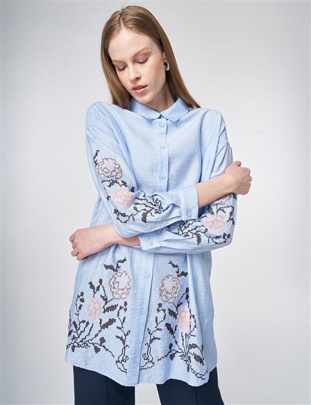 Etamine Embroidered Viscose-Cotton Tunic in Dust Smoke