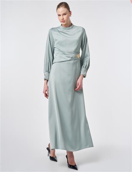 Drapeli Saten Elbise Buz Yeşili