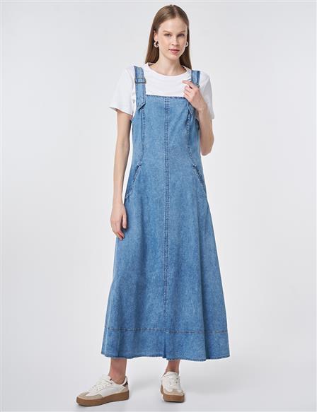 Denim Salopet Elbise Mavi