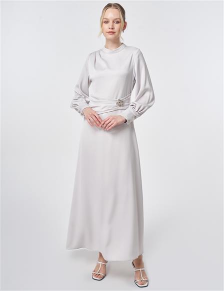 Drapeli Saten Elbise Açık Gri 