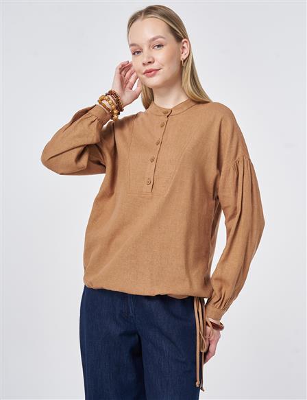 Stitch Detail Linen-Viscose Blouse Camel