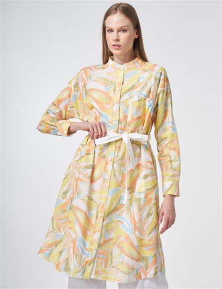 100% Cotton Mandarin Collar Long Tunic - Lime