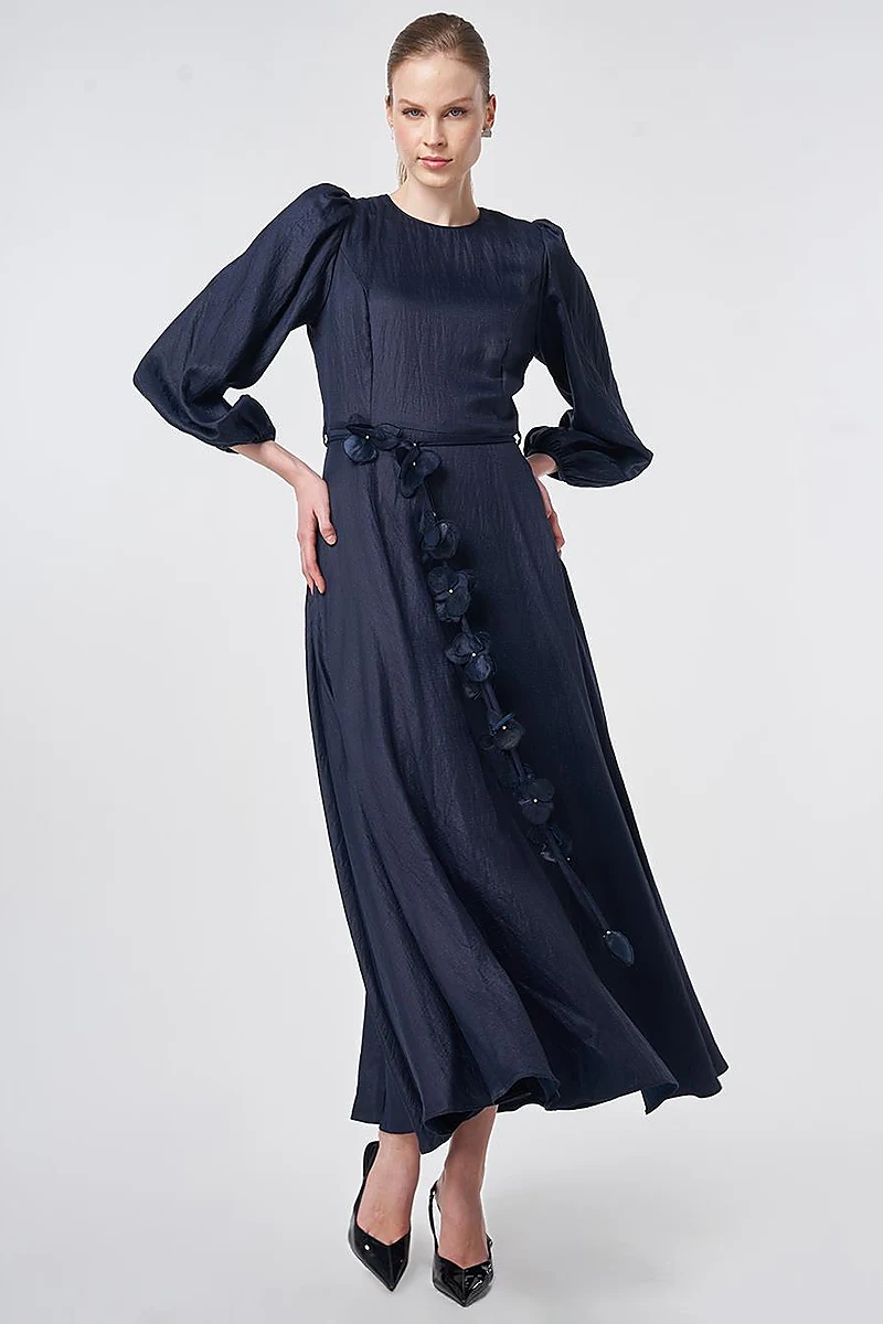 Dark Navy Floral Detail Satin Dress