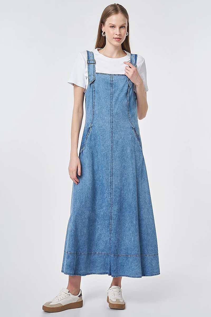 Denim Salopet Elbise Mavi