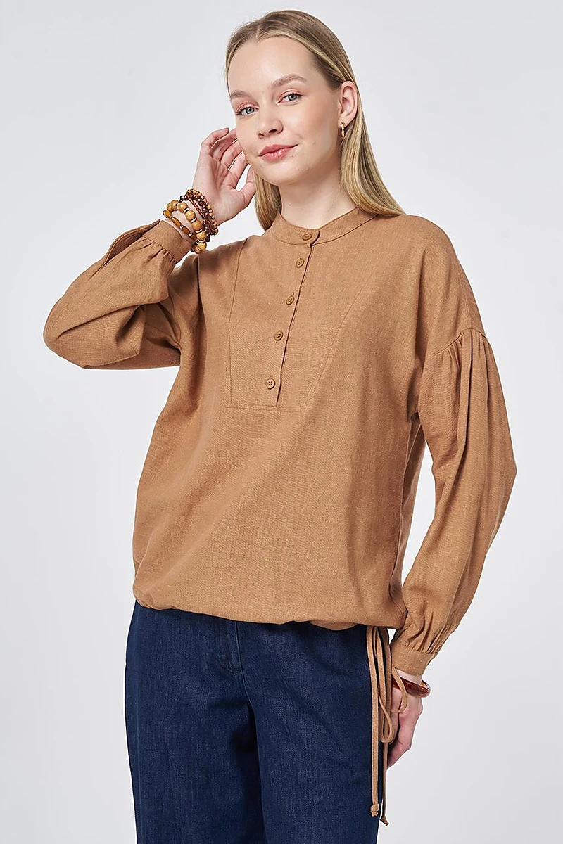 Stitch Detail Linen-Viscose Blouse Camel