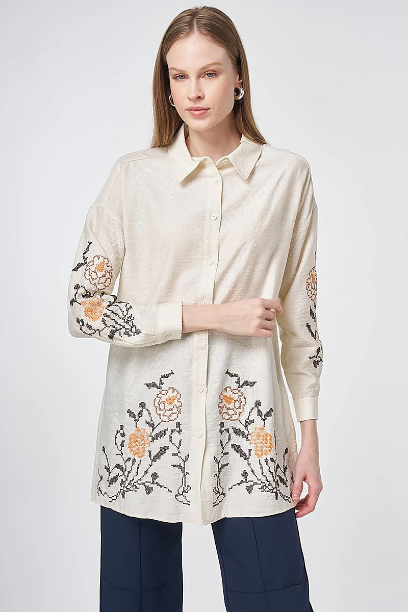 Etamine Embroidered Viscose-Cotton Tunic in Ecru