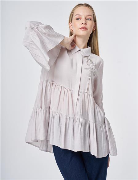 Light Grey Tiered Hem Ruffled Modal Tunic
