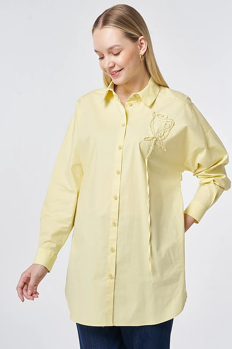 Stone Embroidered Cotton Tunic Lemon Yellow