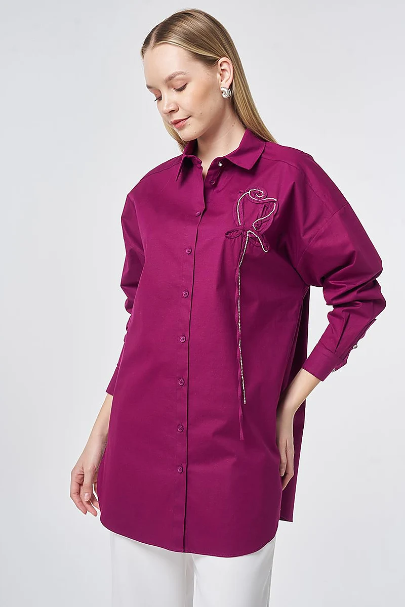 Stone Embroidered Cotton Tunic Plum