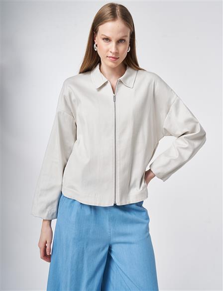 Fermuar Kapamalı Non Denim Kısa Ceket Gri 