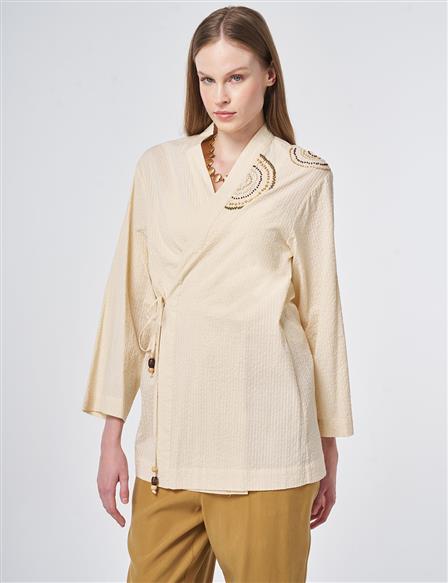 %100 Pamuklu Boncuk İşlemeli Kimono Krem 