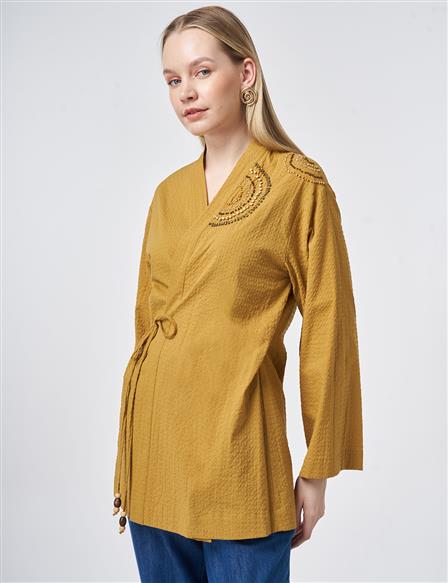 %100 Pamuklu Boncuk İşlemeli Kimono Koyu Hardal 