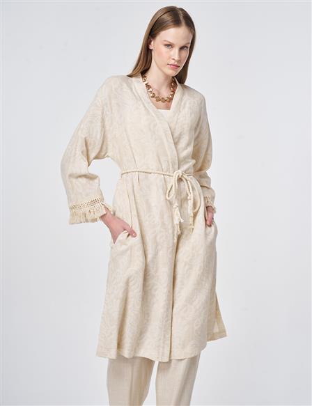 Bilekleri Püsküllü Kimono Krem 