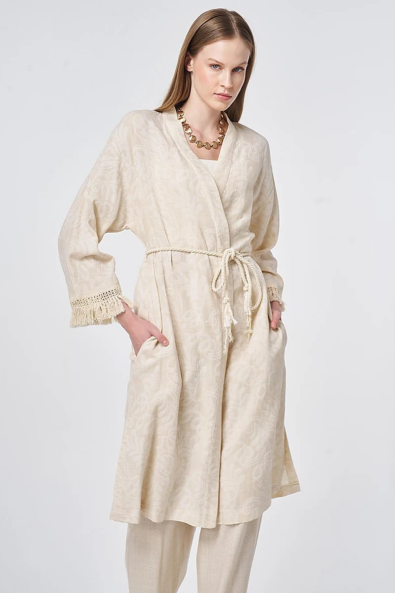 Tassel Detailed Kimono in Cream