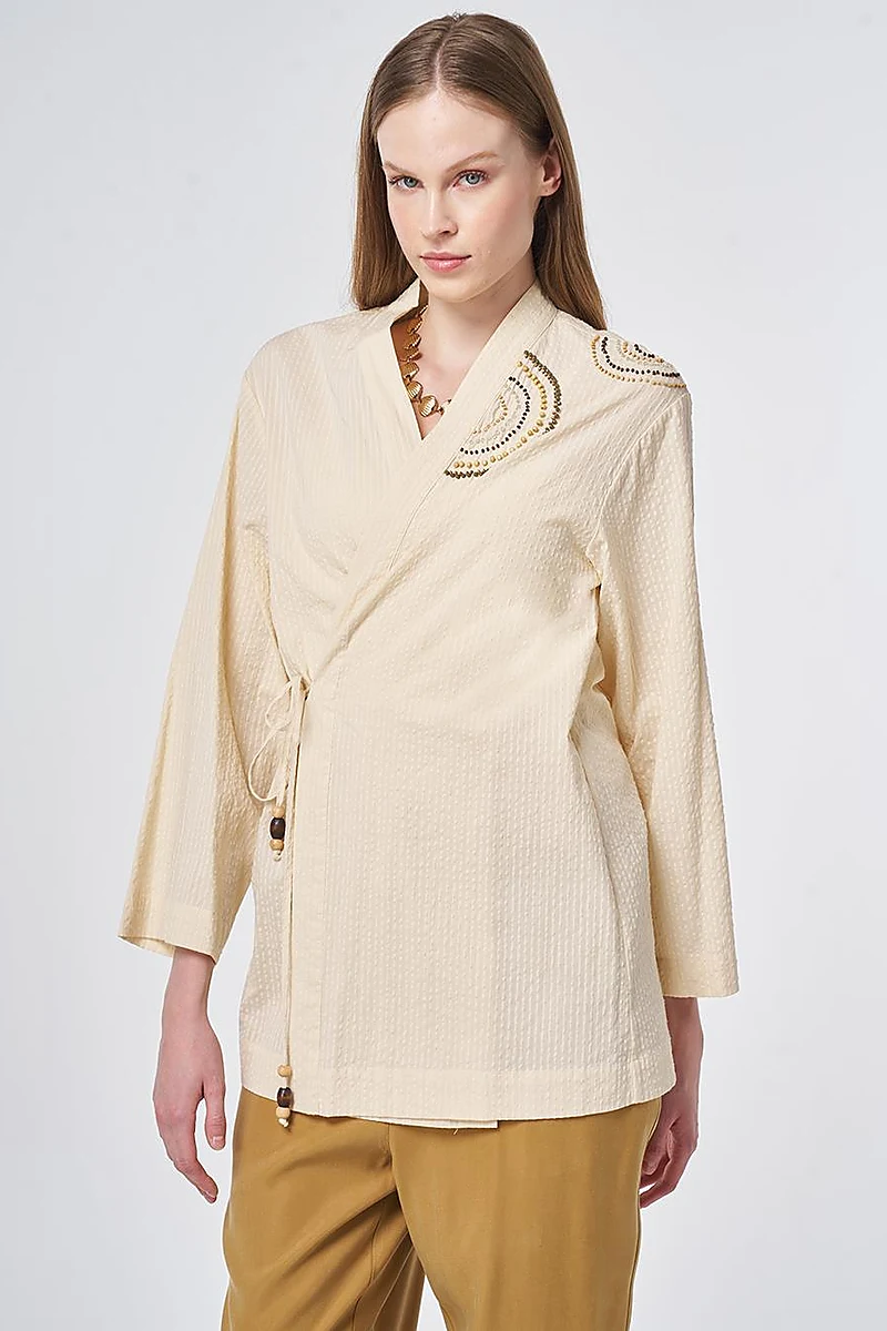 100% Cotton Beaded Kimono in Cream