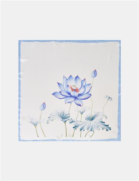White-Ice Blue Lotus Flower Pattern Scarf
