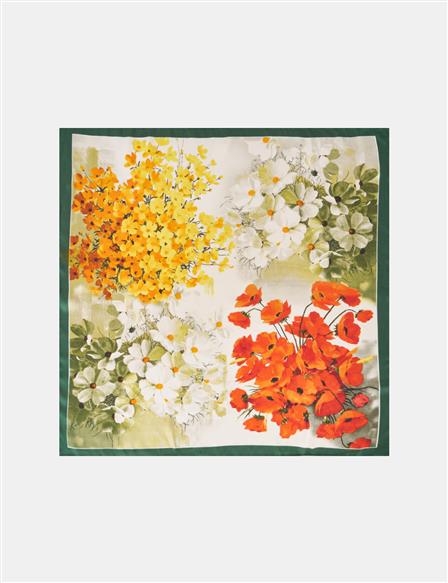 Ecru-Green Floral Pattern Scarf