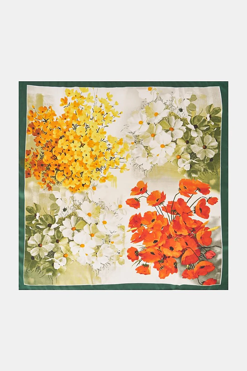 Ecru-Green Floral Pattern Scarf