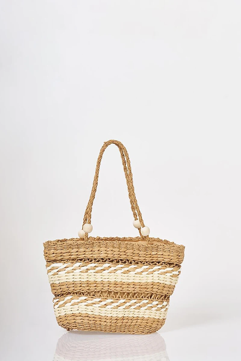 Beaded Detail Straw Bag Beige