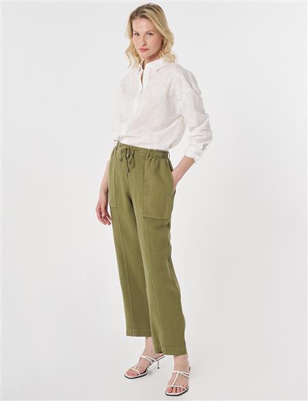 100% Linen Panel-Seamed Trousers Khaki