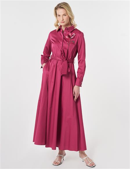 100% Cotton Embroidered Detail Dress Cherry