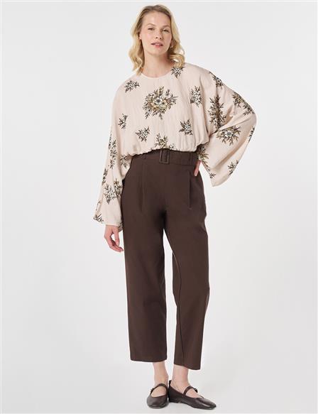 Belt-Detail Viscose Trousers Brown