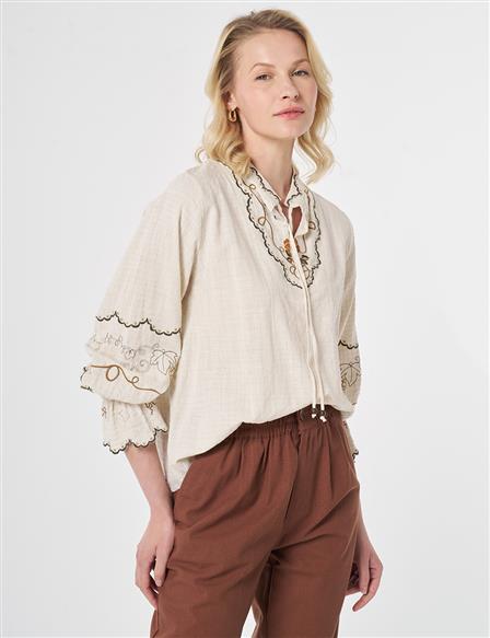 Tie-Neck Ethnic Patterned Blouse Cream