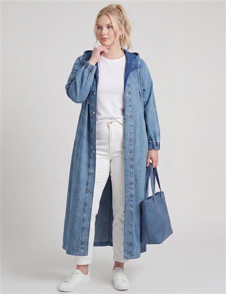 Kapüşon Detaylı Denim Giy Çık Mavi