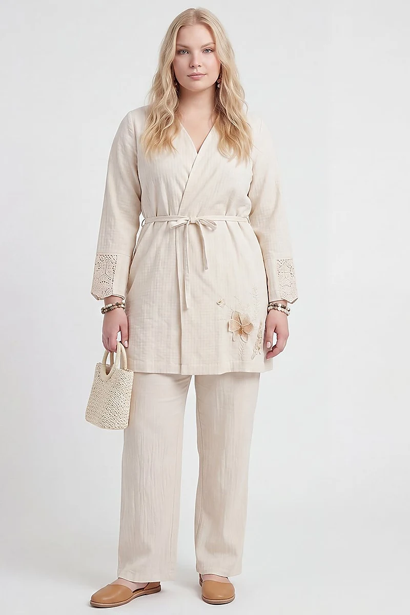 Belted Textured Throw-On Cream