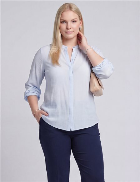 Mandarin Collar Viscose Blouse Light Blue