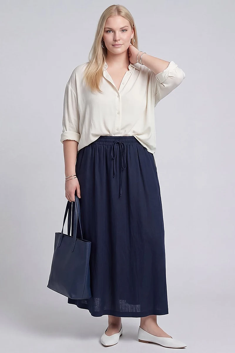 High-Waist Linen-Lyocell Skirt Dark Navy Blue