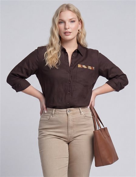 Embroidered Detail Linen-Lyocell Tunic Dark Brown