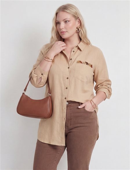 Embroidered Detail Linen-Viscose Tunic Beige